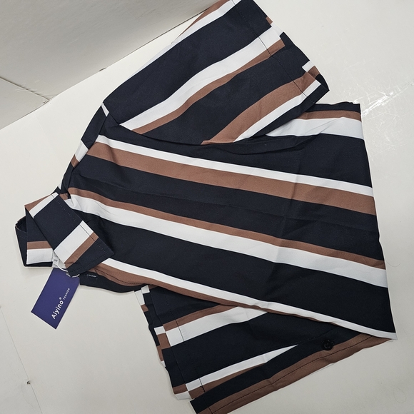 Men's Striped Casual Button Down Shirt - Navy, Brown, and White - Picture 2 of 7